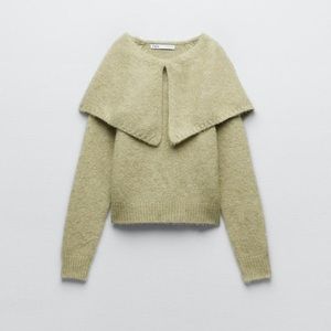 Zara Green Crew Neck Sweater with Oversized Collar